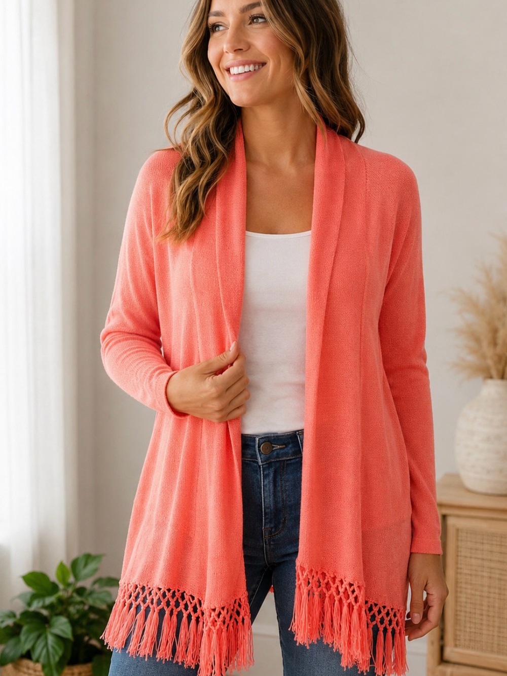 Lilly Pulitzer Coral Fringe Open-Front Cardigan